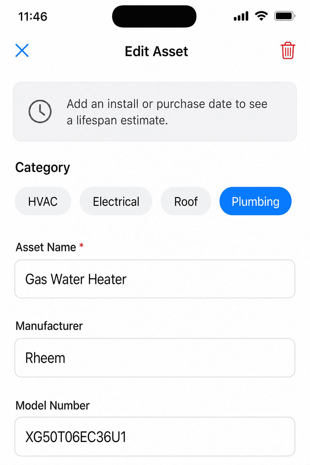 Edit Asset screen showing a Rheem gas water heater, model XG50T06EC36U1