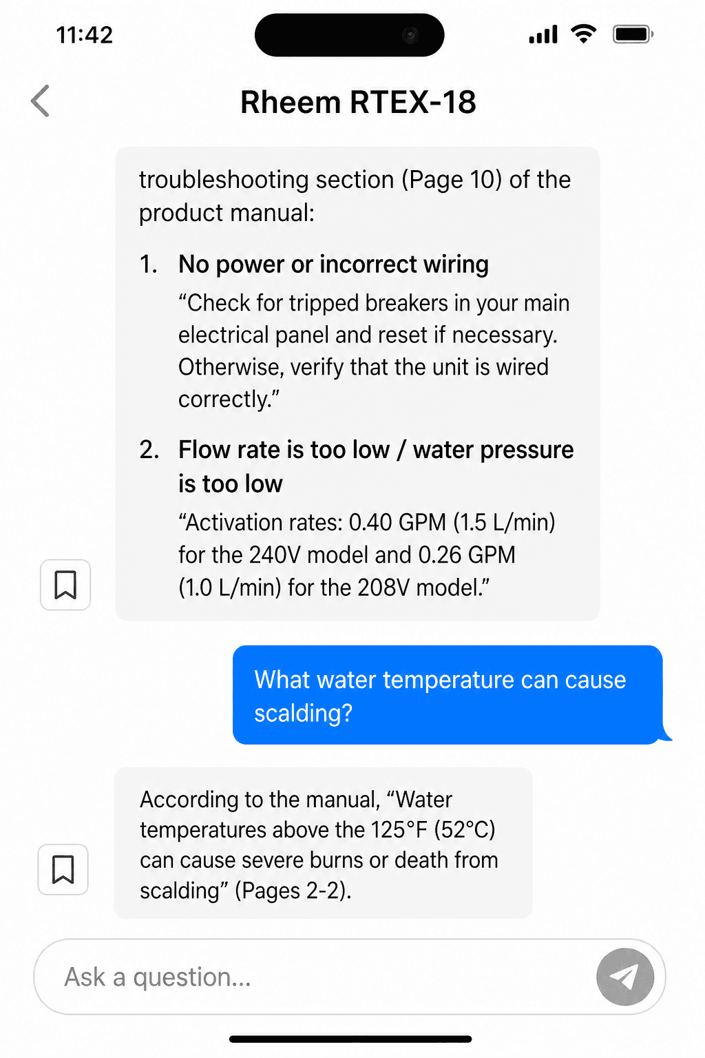 Ask thread answering what water temperature can cause scalding, citing 125°F from the manual